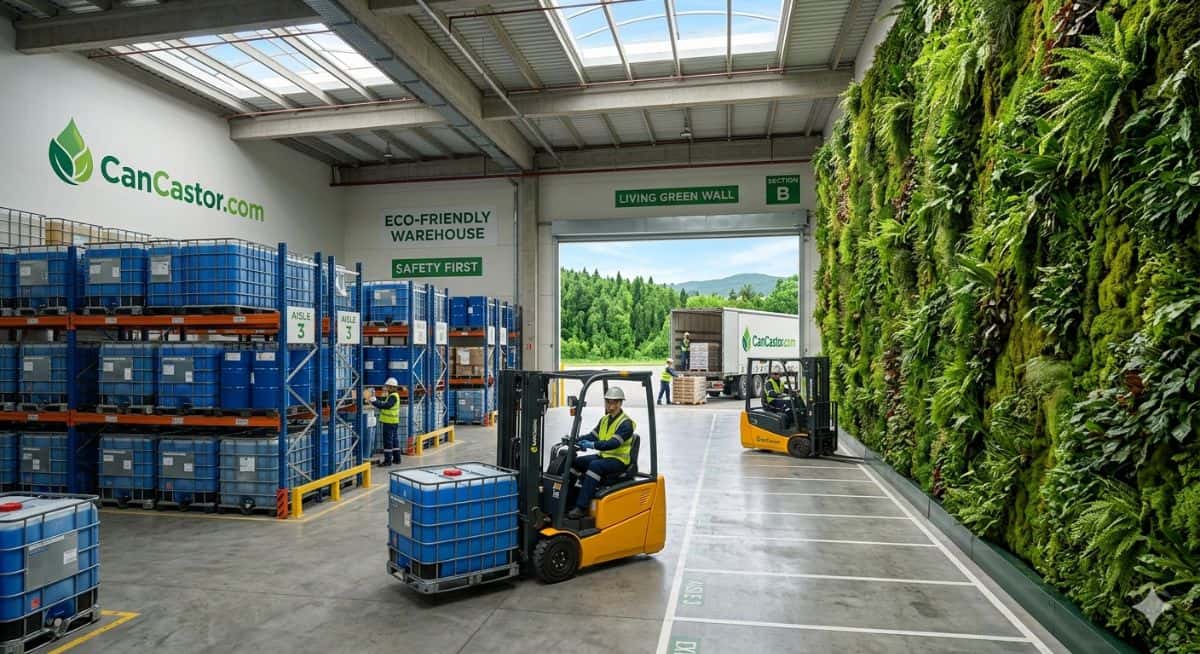 Global chemical warehouse with industrial drums and distribution center