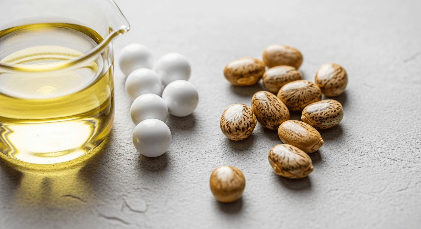 Castor oil being processed into an emulsifier for cosmetics, showcasing a sustainable alternative.
