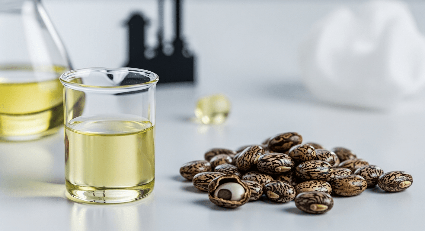 Castor oil beans and plastic products showcasing castor oil's role in sustainable plastics.