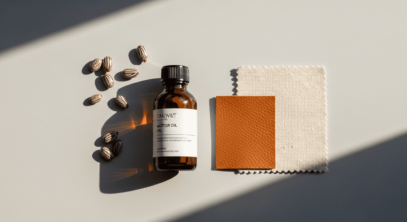 Close-up of luxurious leather being treated with castor oil for softening and protection.