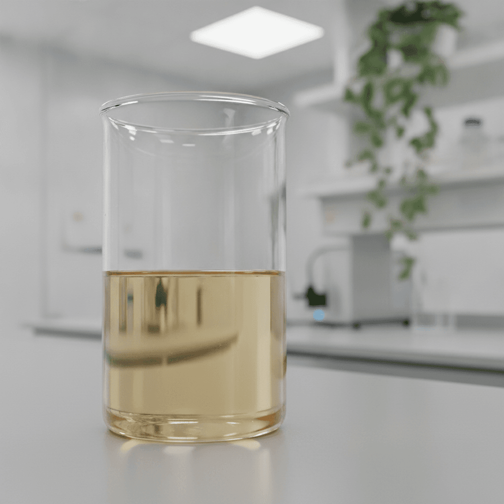 Close-up of industrial-grade Blown Castor Oil in a laboratory beaker, with a green leaf backdrop symbolizing sustainability and innovation in industrial applications.