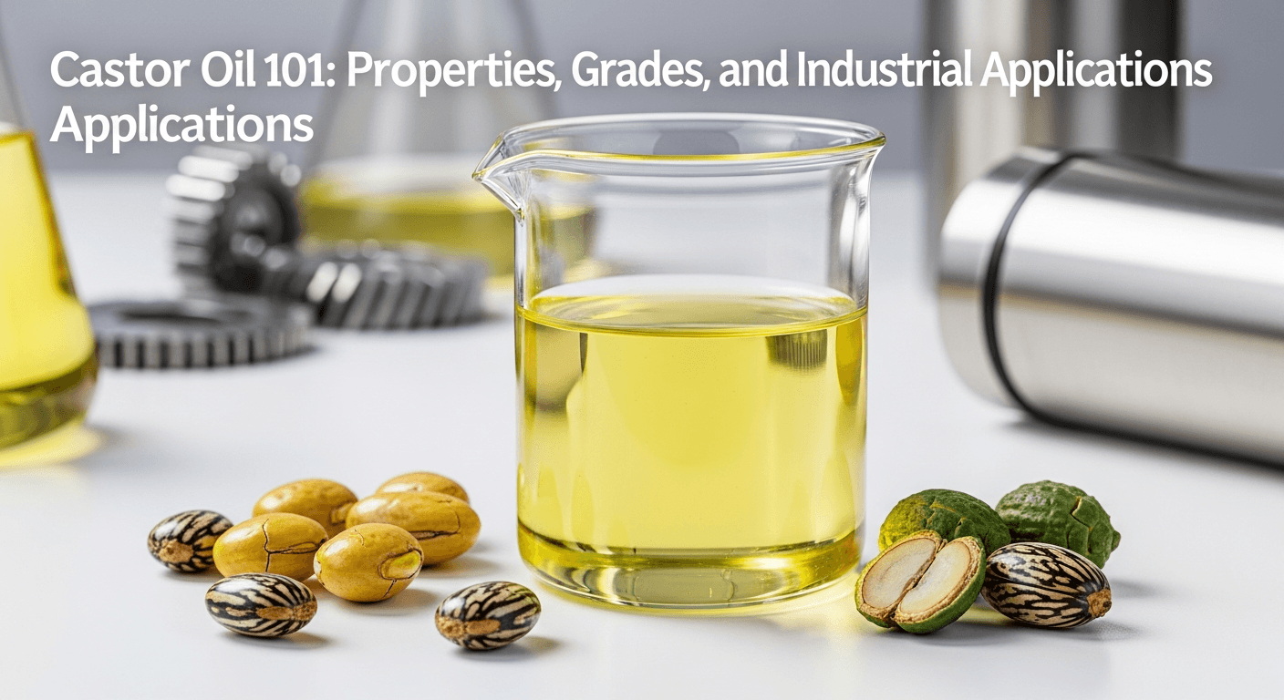 Bottles of different grades of castor oil alongside castor beans, showcasing industrial applications