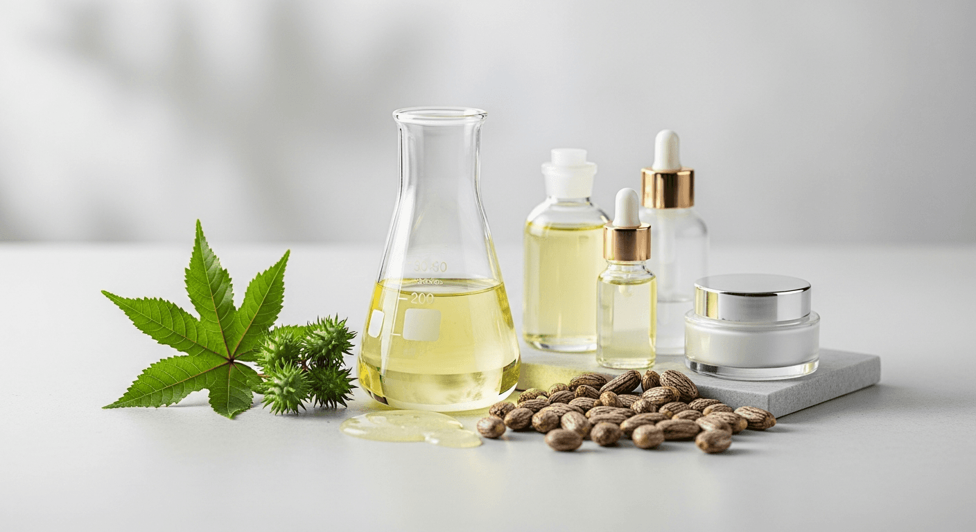 Close-up of castor beans and oil, showcasing the natural origin of cosmetic ingredients