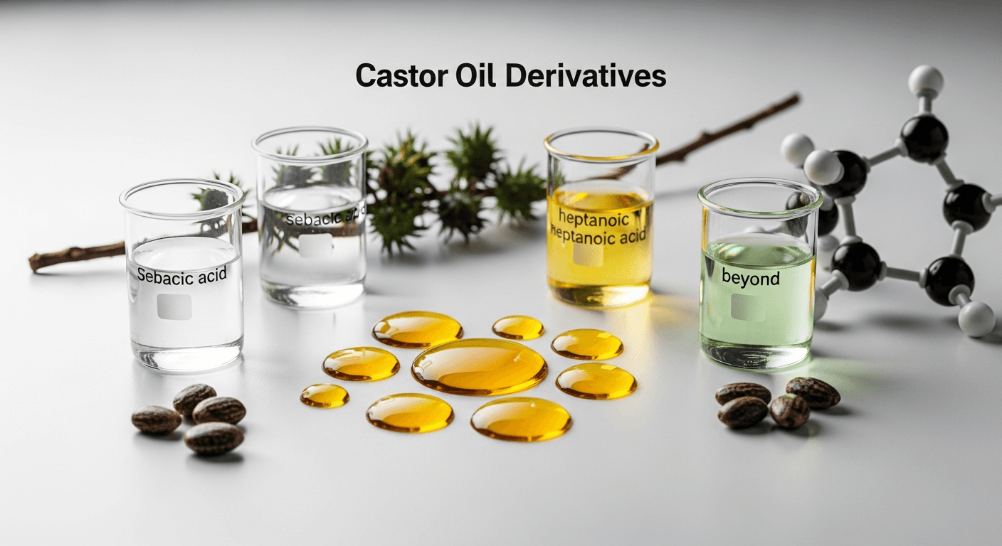 Close-up of castor beans and processed derivatives like sebacic acid, highlighting versatility.