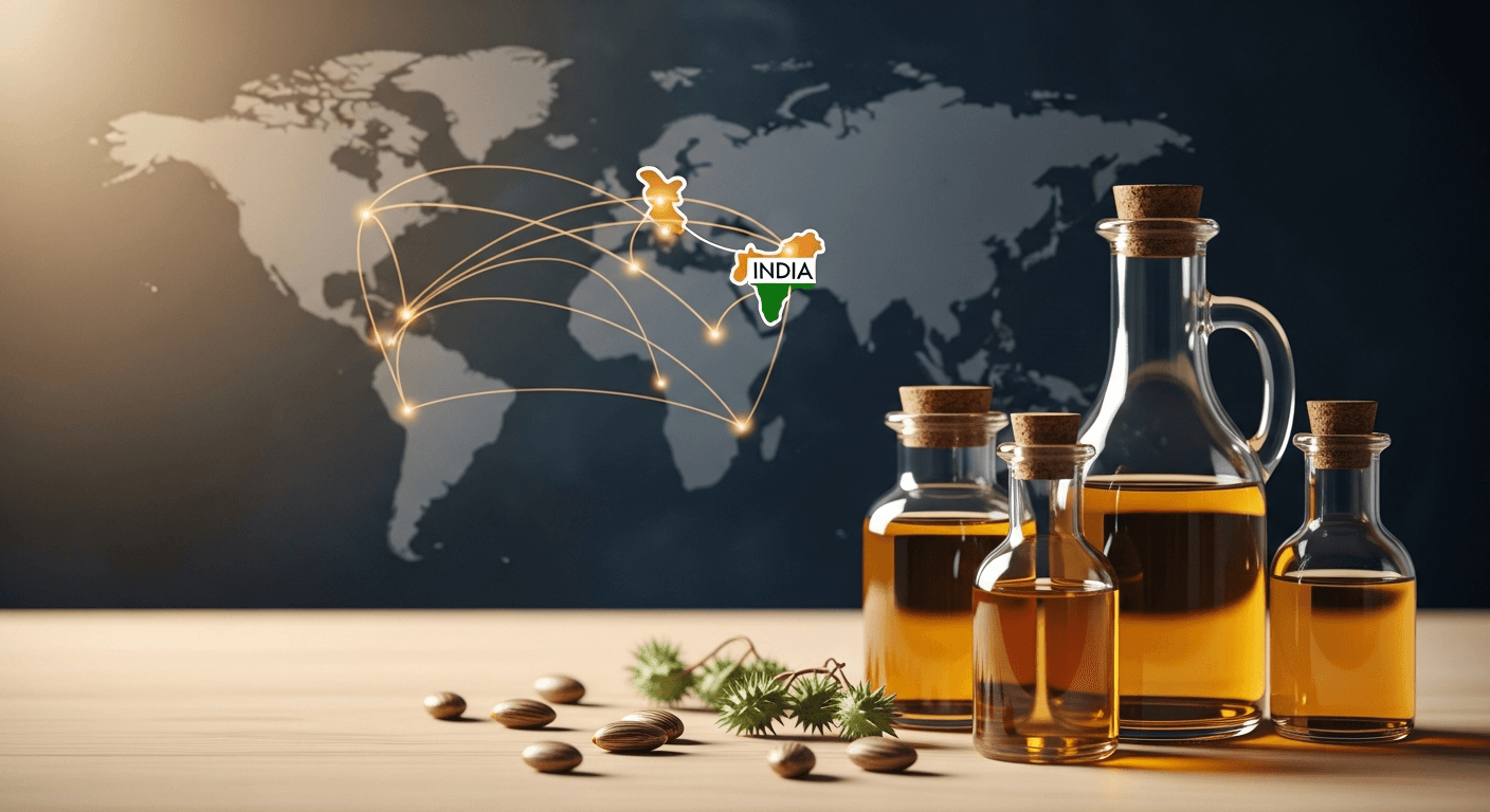 View of vibrant green castor bean plants growing in a field under a sunny sky in India.