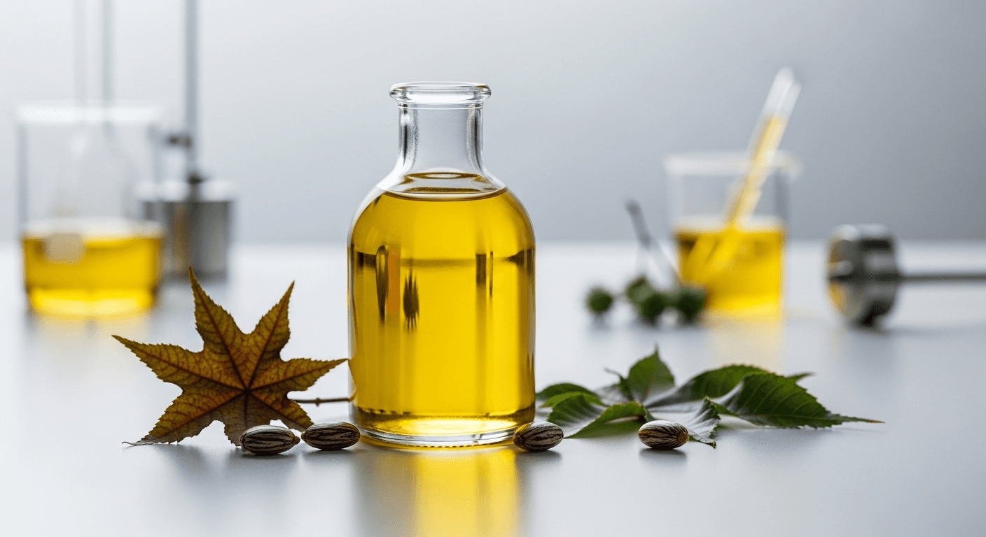 Close-up of castor oil being poured, highlighting its thick texture and golden color. Cosmetic application focus.