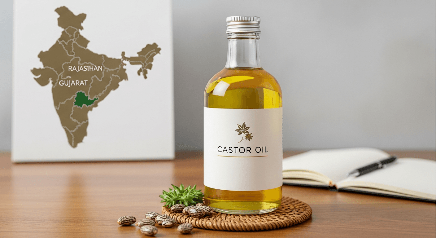 Vibrant green castor beans growing in a field in Rajasthan, India. Close-up shows healthy plants.