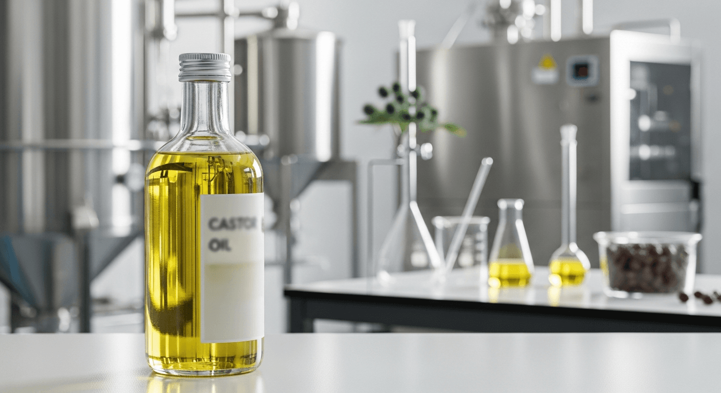Bottles of high-quality castor oil on a production line, symbolizing a reliable supply chain.