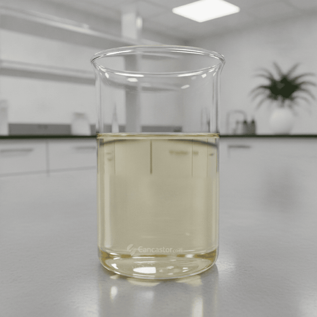Sustainable Commercial Grade Castor Oil production with green leaves and industrial gears symbolizing eco-friendly manufacturing and a reduced carbon footprint.