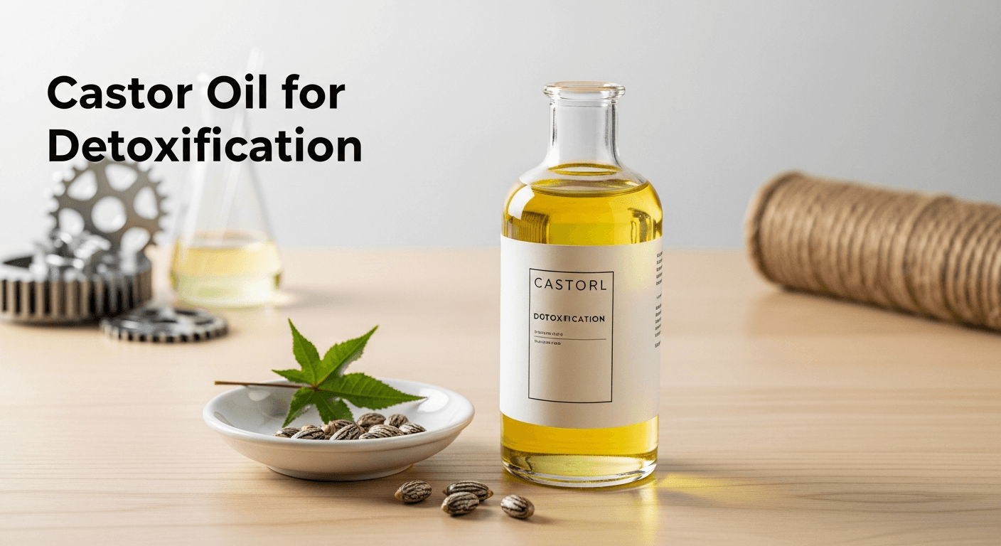 Woman relaxing with a castor oil pack on her abdomen, promoting detoxification and well-being.