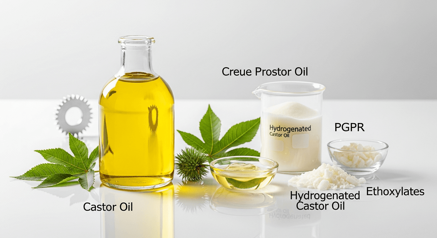 Castor oil transformation: showing castor seeds evolving into hydrogenated castor oil, PGPR, and ethoxylated ingredients.