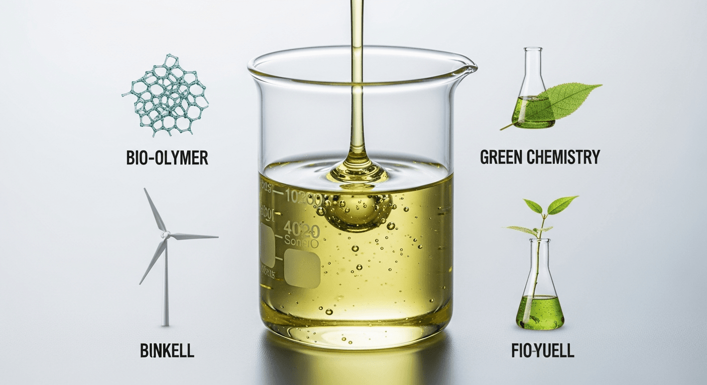 Castor beans and oil with bio-polymer structure, illustrating castor oil's green chemistry applications.