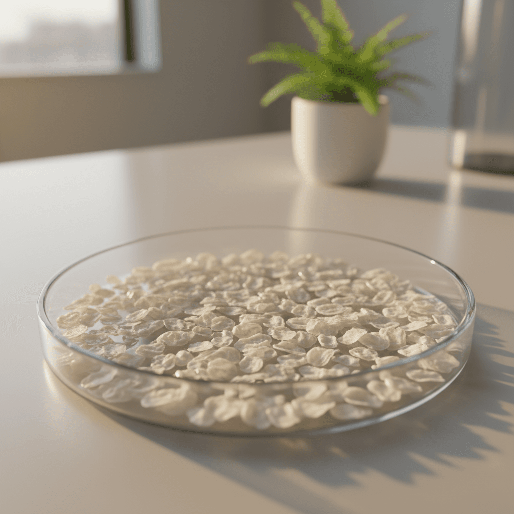 Close-up of white, crystalline Glycerol Monostearate (NSE) powder, emphasizing its purity and fine texture, with an abstract background representing food, pharma, and cosmetic applications.