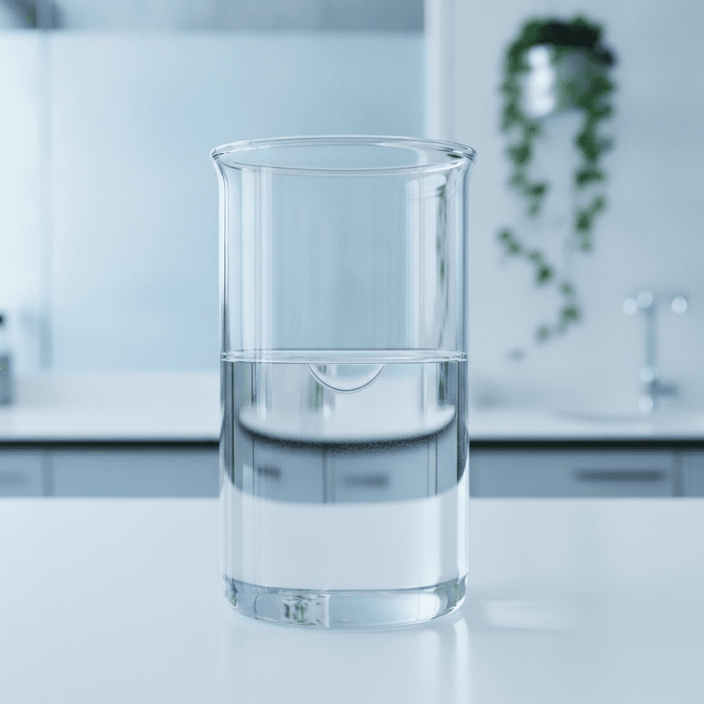 Close-up of a laboratory beaker containing clear Heptanoic Acid, with a chemist working in the background, illustrating formulation expertise.