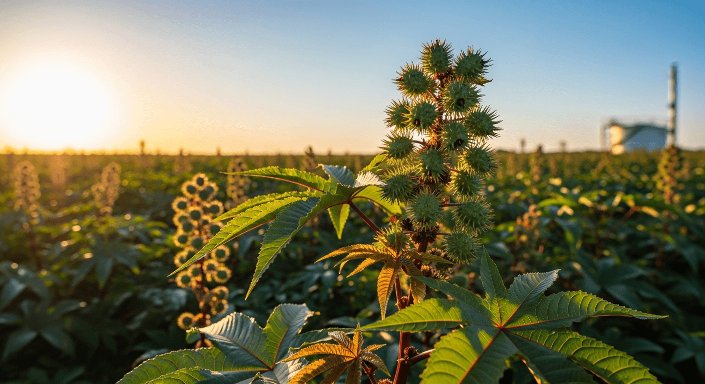 Castor bean plants in a field in Gujarat or Rajasthan, showcasing the source of CanCastor's castor oil.