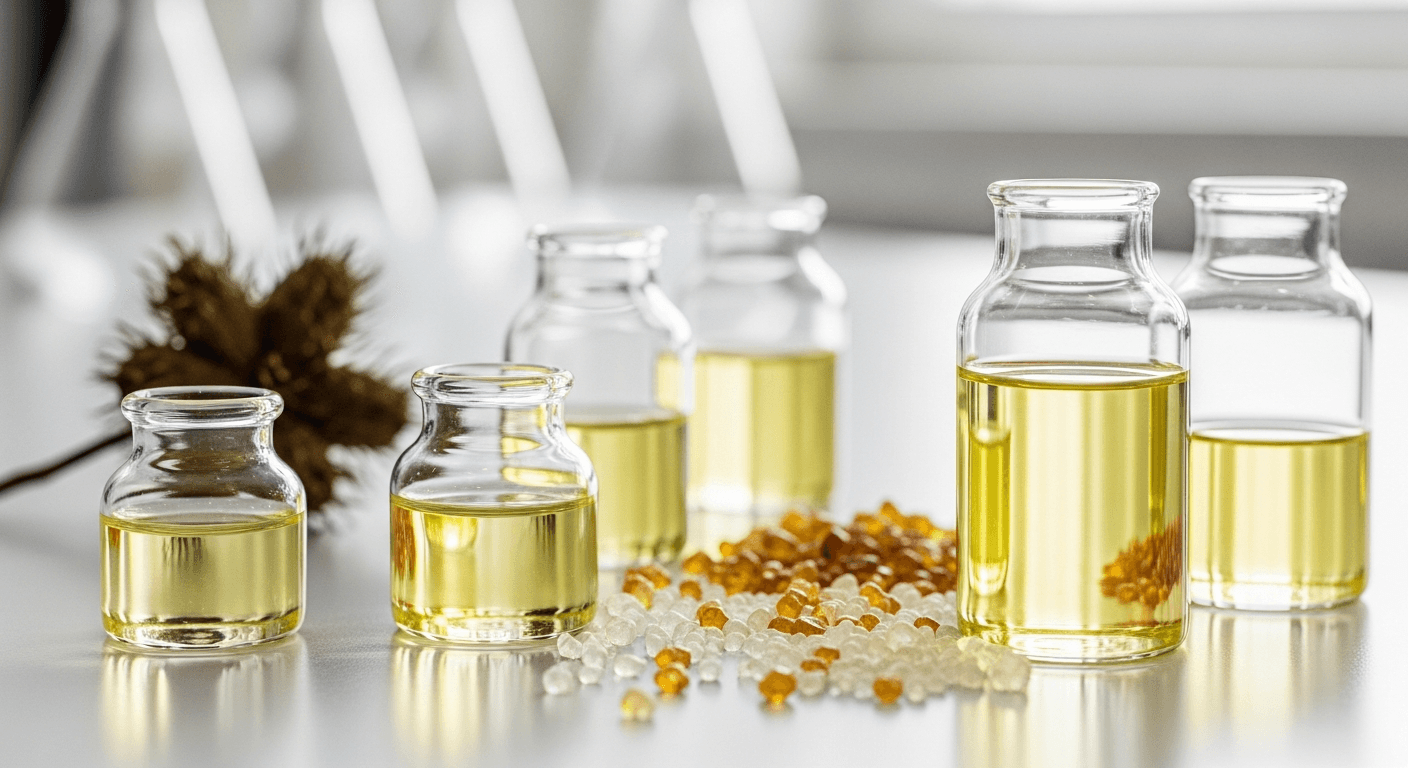 Castor oil beans and bio-plastic samples showcase sustainable materials for Canadian industry.