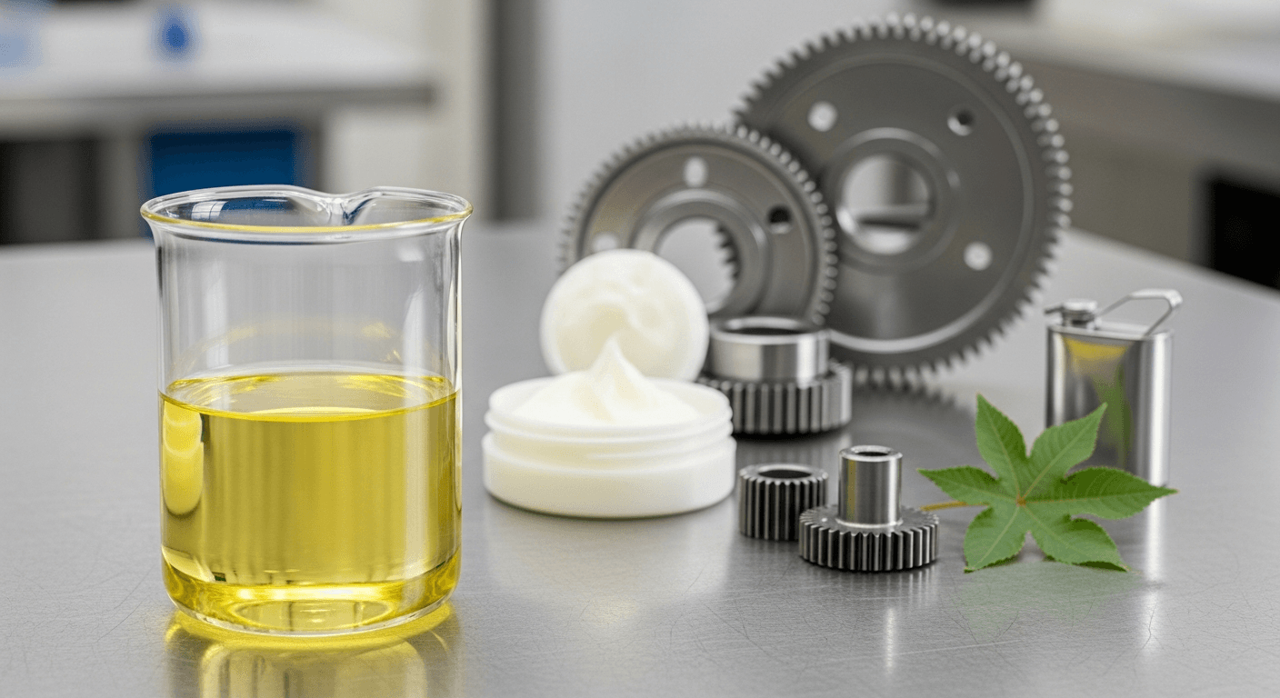 Castor oil being poured in a lubricant application for industrial machinery; Sustainable Lubricants
