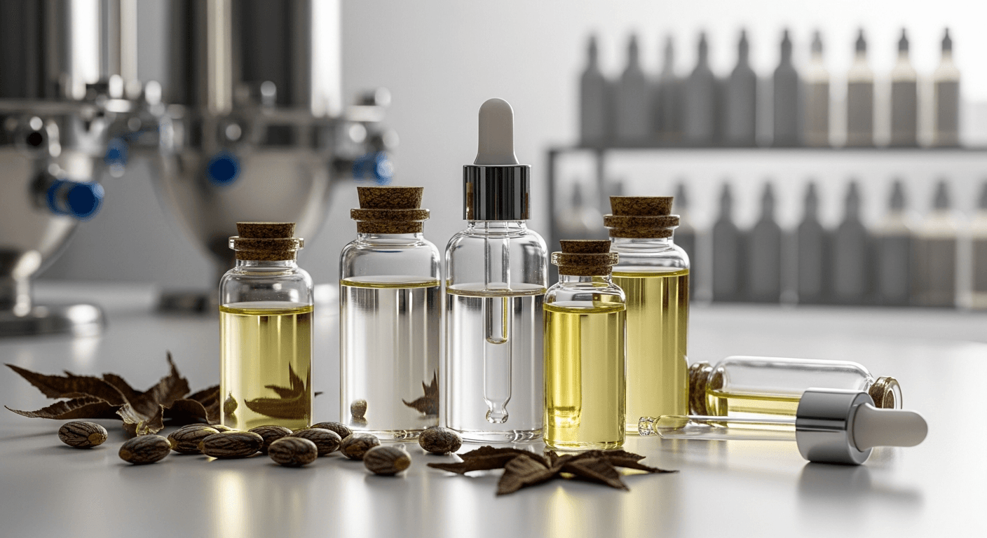 Close-up of castor seeds with a cosmetic product, highlighting natural beauty in France.