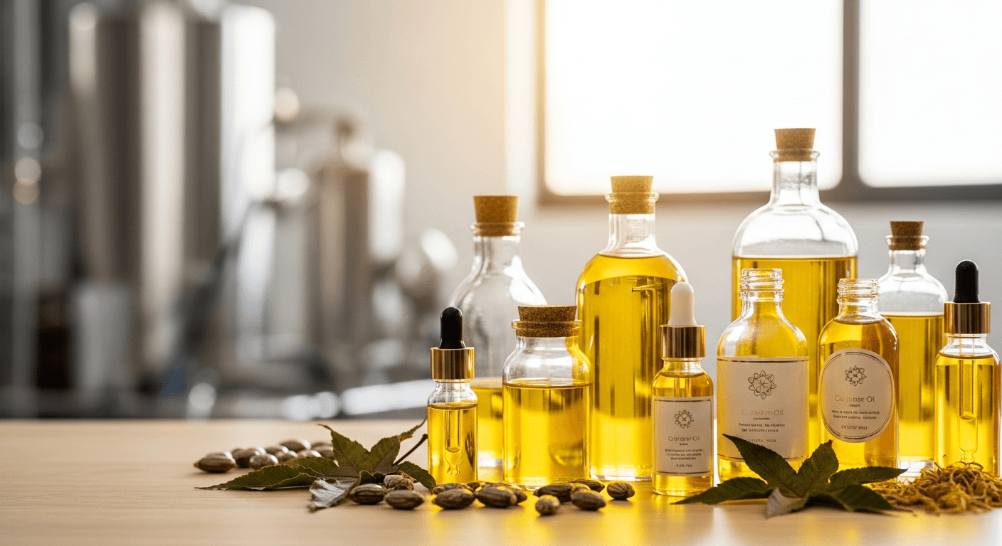 Close-up of castor beans and oil, showcasing the key ingredient for natural cosmetics in India.
