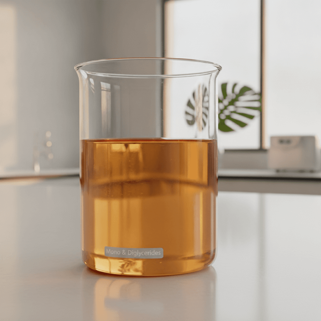 Close-up of a scientific beaker containing a milky emulsion, symbolizing the technical performance of Mono & Diglycerides in comparative analysis.