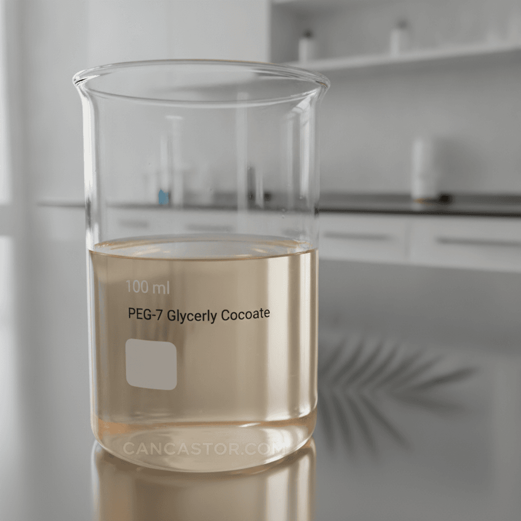 Close-up of a clear cosmetic product with a procurement intelligence dashboard overlay, symbolizing strategic sourcing of PEG-7 Glyceryl Cocoate.
