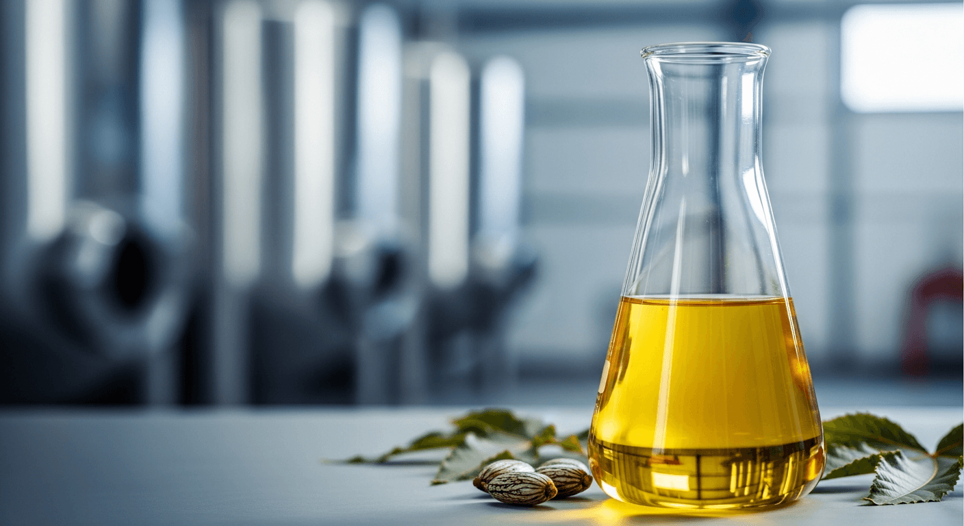 Bottles of clear, pharmaceutical-grade castor oil with USP/BP certification labels shown