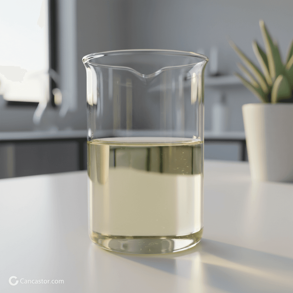 Lab technician accurately measuring and mixing Sorbitan Mono Laurate (SML) powder into a liquid solution with glassware and stir plate, demonstrating precision formulation.