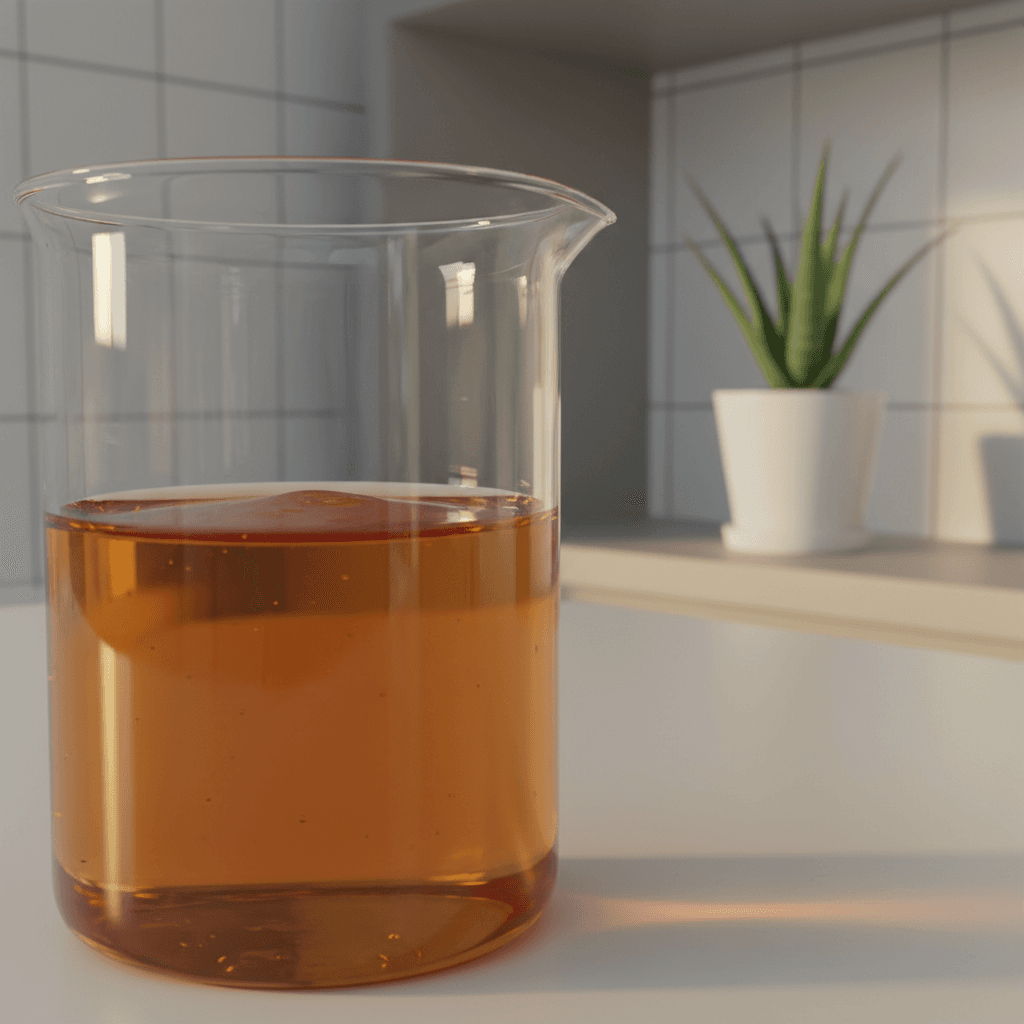 Close-up of a viscous liquid representing Sorbitan Mono Oleate (High Oleic Grade) SMO HI-ESTOSPAN 80 HI, with laboratory equipment in the background, symbolizing comparative chemical analysis and industrial R&D.
