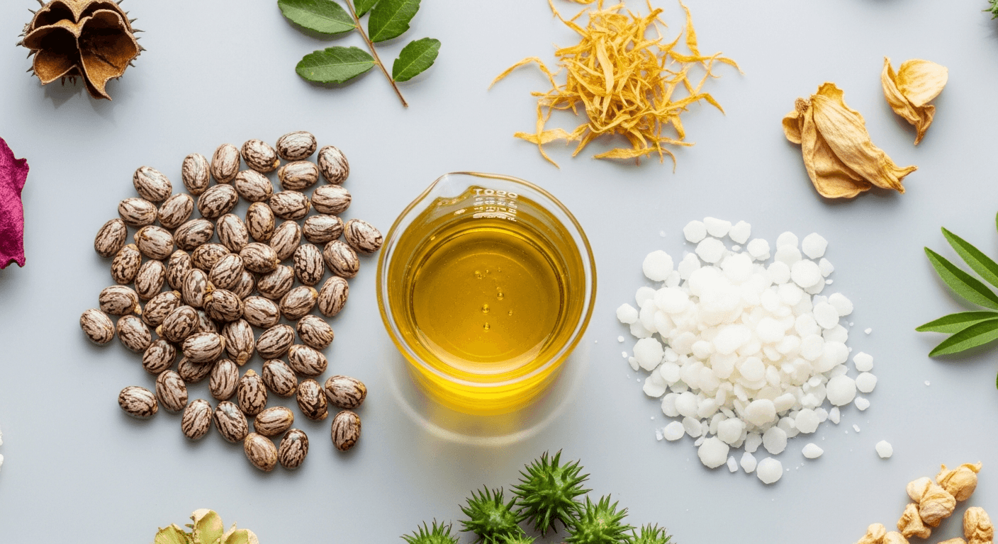 Close-up of castor beans and oil, illustrating sustainable cosmetic ingredients.
