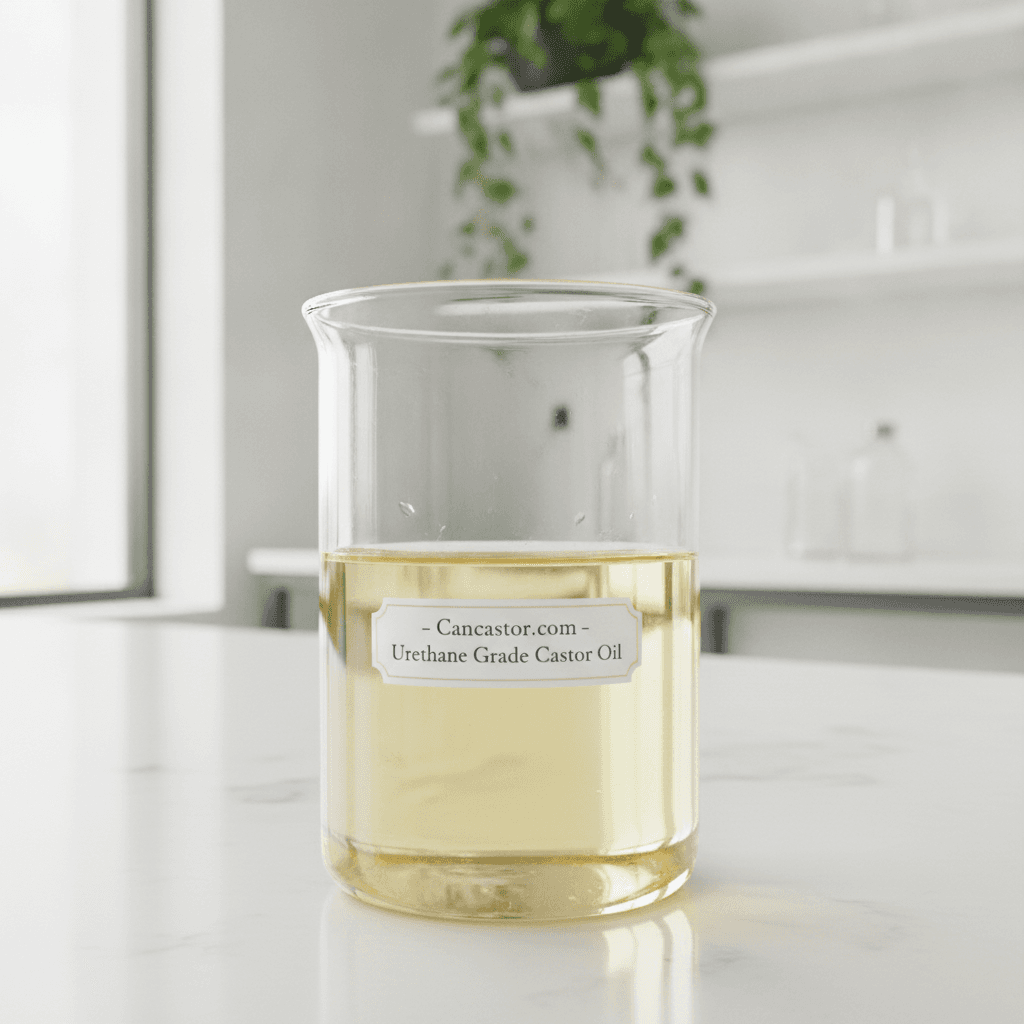 Close-up of a chemist inspecting Urethane Grade Castor Oil in a lab, with GHS hazard symbols and compliance documents blurred in the background, symbolizing safety and regulatory adherence.