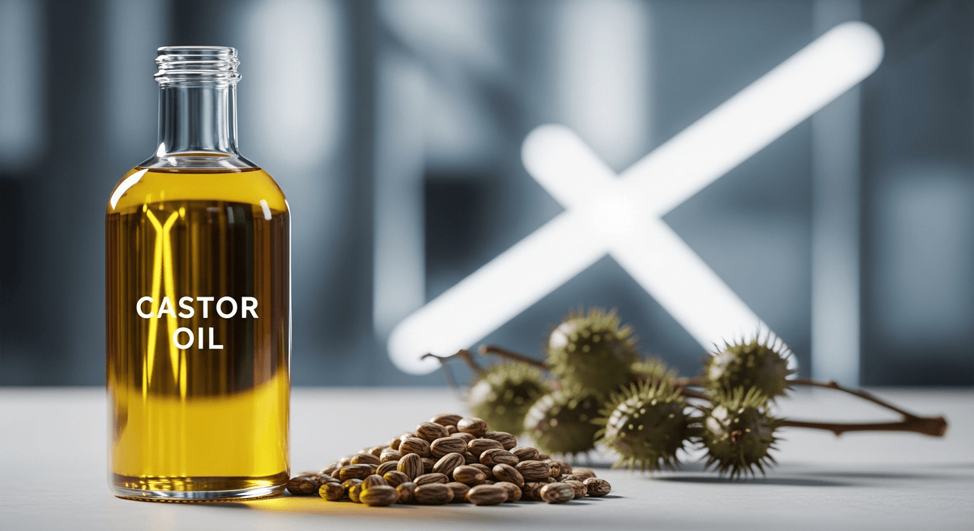 Bottles of golden castor oil with labels indicating purity, placed next to castor beans on a wooden surface.