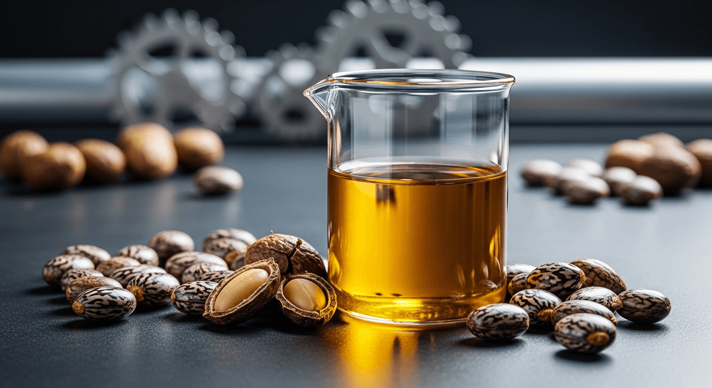 Close-up of gears lubricated with castor oil, highlighting its smooth, protective coating.