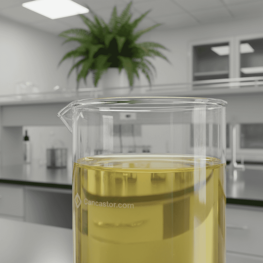 POE 20 Sorbitan Monostearate (Polysorbate 60) (Yellowish viscous liquid or semi-gel/wax) realistic product photo in sustainable lab setting, Cancastor.com